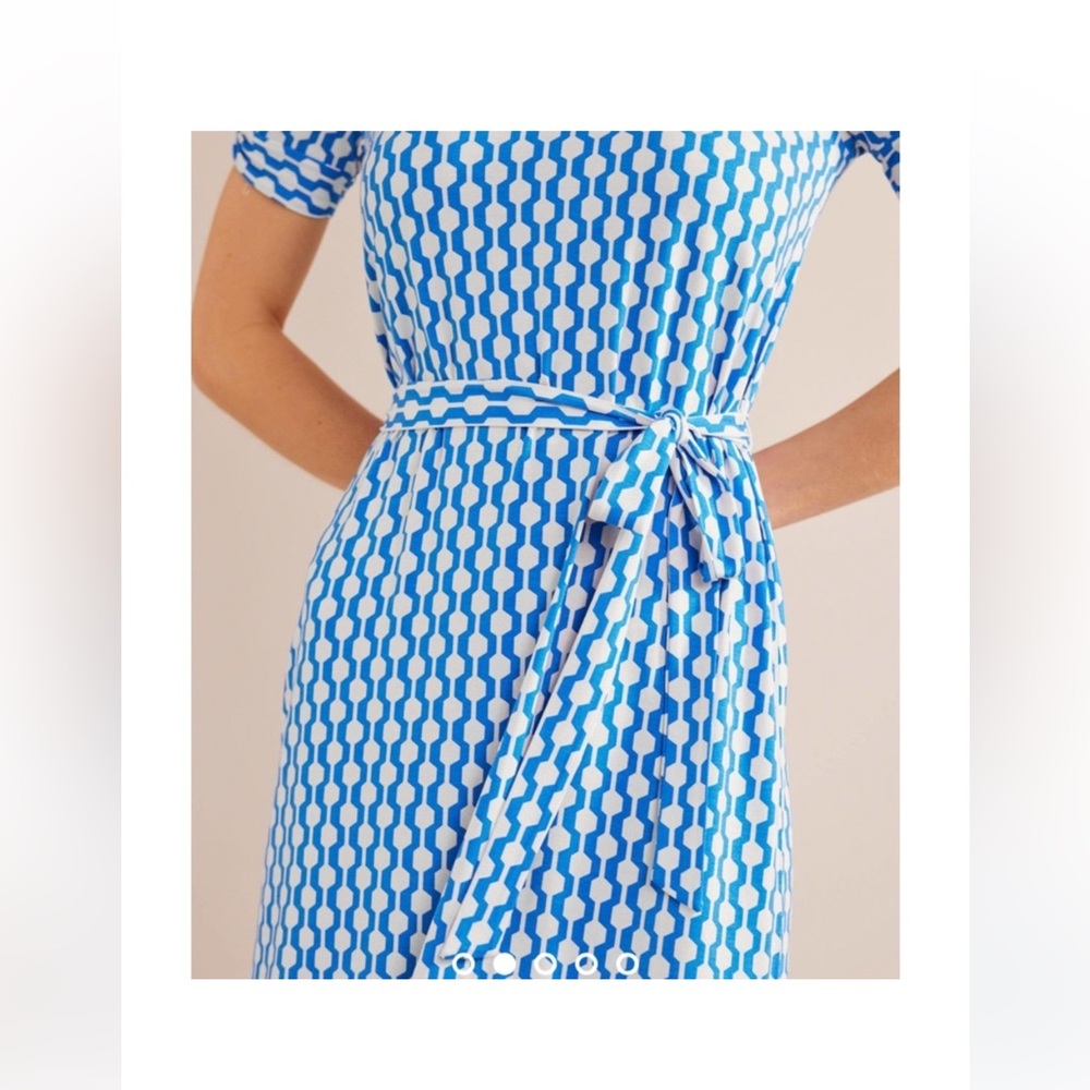 BODEN Blue White Geo Chain Print Knot Detail Short Sleeve Belted Mini - Picture 2 of 7
